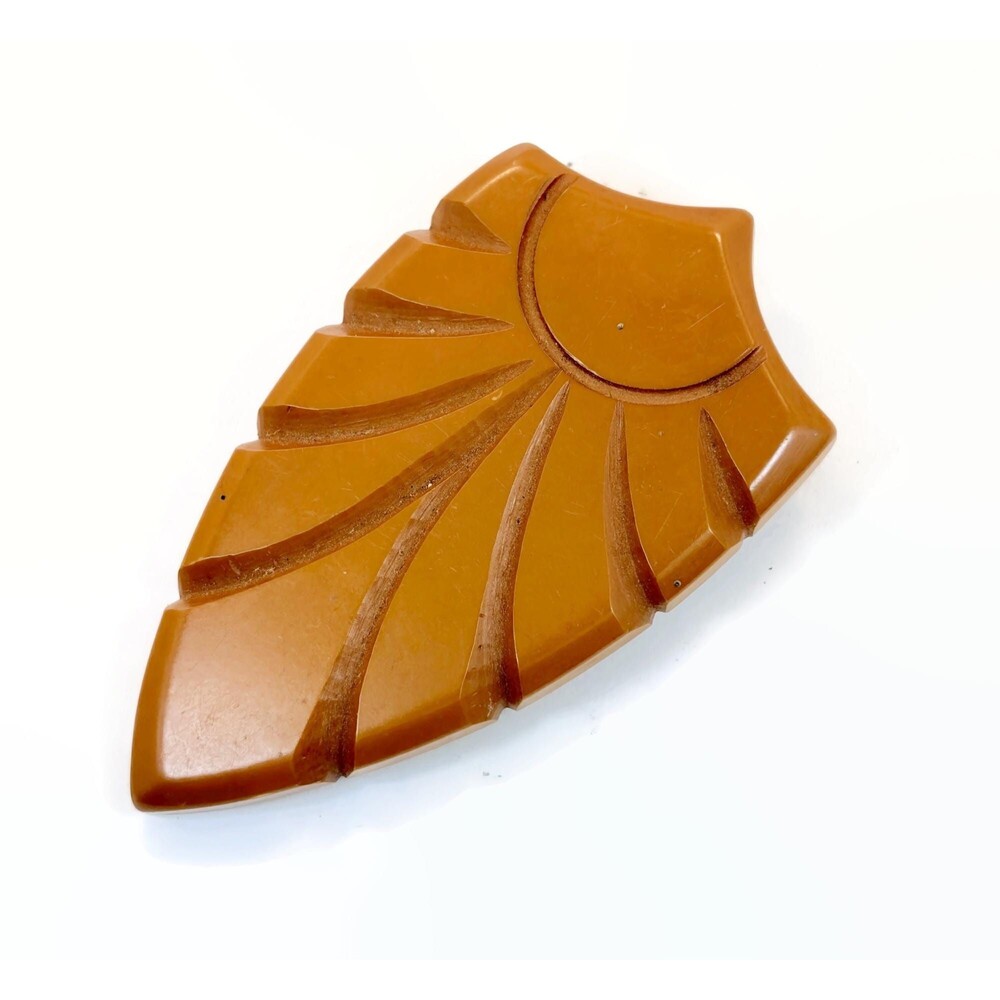 Bakelite, Dress Clip, Art Deco, Butterscotch, Carved, Vintage, 30s